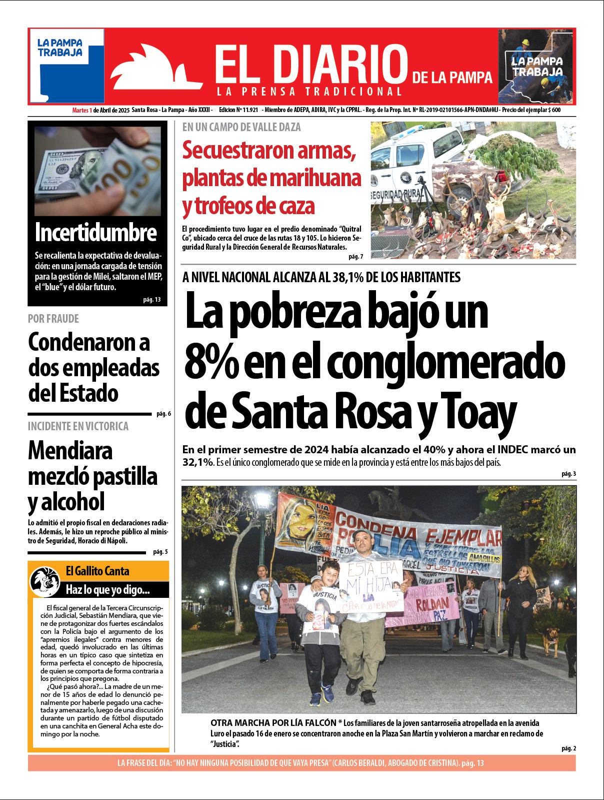 Tapa de El Diario en papel  martes 01 de abril de 2025